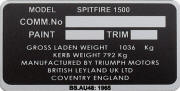 Spitfire 1500 replacement blank VIN plate