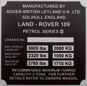 Land Rover replacement blank VIN plate, 109 petrol