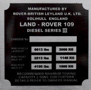 Land Rover replacement blank VIN plate ,109 Diesel
