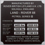 Land Rover replacement VIN plate, 88 series 3