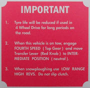 Land Rover snow plough information plate