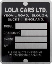 Lola Cars replacement blank VIN plate