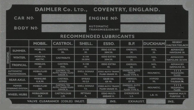 Daimler Jaguar cars Coventry replacement VIN Chassis plate