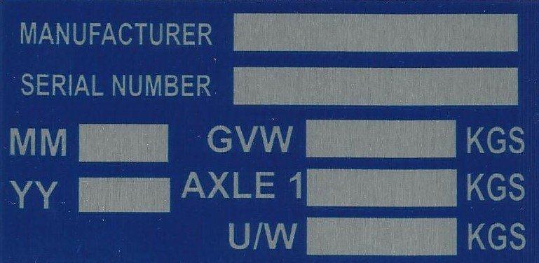 Single Axle Trailer VIN Chassis replacement weight plater (Blue).