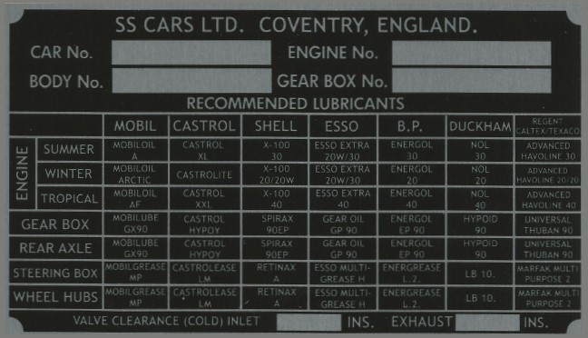 SS Cars Jaguar Swift replacement VIN Chassis plate
