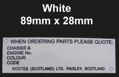 Sunbeam Alpine Tiger Rapier Hillman Chassis VIN Plate, white with corner on. Paisley, Scotland